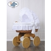 Baby bassinet with wheels Natural Wicker & Wood hood crib Charlotte White Embroidered Bedding Set no 50102White Bedding Set