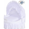 Baby bassinet with wheels White Wicker & Wood hood crib Charlotte White Embroidered Bedding Set no 70102White Bedding Set