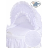 Baby bassinet with wheels White Wicker & Wood hood crib Charlotte White Embroidered Bedding Set no 70102White Bedding Set