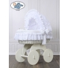 Baby bassinet with wheels White Wicker & Wood hood crib Charlotte White Embroidered Bedding Set no 70102White Bedding Set