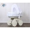 Baby bassinet with wheels White Wicker & Wood hood crib Charlotte White Embroidered Bedding Set no 70102White Bedding Set