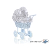 Blue Wicker Stroller Doll pram White Gray Checkered