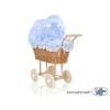 Doll Pram made of Natural Wicker and Wood Blue with Big White Dots