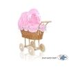 Doll Pram made of Natural Wicker and Wood Pink White Checkered Bedding Set