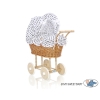 Doll Pram made of Natural Wicker and Wood White with Black Dots Bedding Set