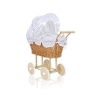 Doll Pram made of Natural Wicker and Wood White with Navy Blue Dots Bedding Set