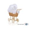 Doll Pram made of Natural Wicker and Wood White with Navy Blue Dots Bedding Set