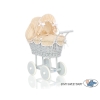 Gray Wicker Doll Pram Carriage Bedding Set in Beige with White Dots