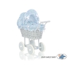 Gray Wicker Doll Pram Carriage Blue Flowers Bedding Set