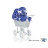 Gray Wicker Doll Pram Carriage Navy Blue Bedding with White Dots