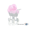 Gray Wicker Doll Pram Carriage Pink Bedding with White Dots