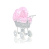 Gray Wicker Doll Pram Carriage Pink checkered Bedding