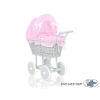 Gray Wicker Doll Pram Carriage Pink checkered Bedding