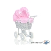 Gray Wicker Doll Pram Carriage Pink White Checkered Bedding Set