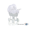 Gray Wicker Doll Pram Carriage White with Navy Blue Dots Bedding Set