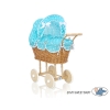 Handmade Doll Pram Carriage Natural Wicker and Wood Turquoise with White Dots Bedding Set