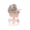 Handmade Doll Pram made of Powder Pink Wicker and Wood Bedding Set White Dots on Brown