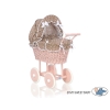 Handmade Doll Pram made of Powder Pink Wicker and Wood Bedding Set White Dots on Brown