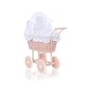 Handmade Doll Pram made of Powder Pink Wicker and Wood White Bedding Set