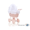 Handmade Doll Pram made of Powder Pink Wicker and Wood White Bedding Set