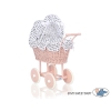 Handmade Doll Pram made of Powder Pink Wicker and Wood White with Black Dots Bedding Set