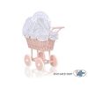 Handmade Doll Pram made of Powder Pink Wicker and Wood White with Navy Blue Dots Bedding Set