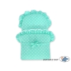 Handmade Doll Stroller made of Mint Wicker and Wood Bedding Set White Dots on Mint