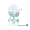 Handmade Doll Stroller made of Mint Wicker and Wood White Bedding Set