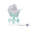 Handmade Doll Stroller made of Mint Wicker and Wood White Gray Checkered