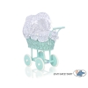 Handmade Doll Stroller made of Mint Wicker and Wood White with Navy Blue Dots Bedding Set