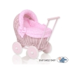 Handmade New Retro Pink Wicker Doll Pram  Bedding Set White Dots on Pink
