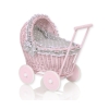 Handmade NewVintage Style Pink Wood and Wicker Doll Pram  Bedding Set White Dots on Gray