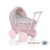 Handmade NewVintage Style Pink Wood and Wicker Doll Pram  Bedding Set White Dots on Gray