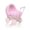 Handmade NewVintage Style Pink Wood and Wicker Doll Pram  Bedding Set White Dots on Pink