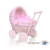 Handmade NewVintage Style Pink Wood and Wicker Doll Pram  Bedding Set White Dots on Pink