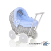 Handmade Retro Style Gray Wicker Doll Carriage Bedding Set White Dots on Blue
