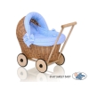 Handmade Retro Style Natural Wicker Stroller for Dolls Bedding Set White Dots on Blue