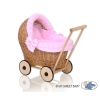 Handmade Retro Style Natural Wicker Stroller for Dolls  Bedding Set White Dots on Pink