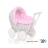 White wicker doll pram with bedding
