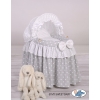 Handmade Wicker crib for doll with hood no. 2158Bedding Set White Dots on Gray