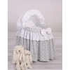 Handmade Wicker crib for doll with hood no. 2158Bedding Set White Dots on Gray