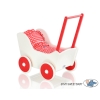 Handmade Wooden Stroller Doll Pram White with Red Red Check Bedding
