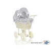 Ivory Wicker Doll Pram Stroller Retro Style Bedding Set White Dots on Gray
