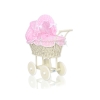Ivory Wicker Doll Pram Stroller Retro Style Bedding Set White Dots on Pink