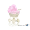 Ivory Wicker Doll Pram Stroller Retro Style Bedding Set White Dots on Pink