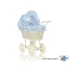 Ivory Wicker Doll Pram Stroller Retro Style Blue Flowers Bedding Set