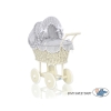 Ivory Wicker Doll Pram Stroller Retro Style Gray with White Dots Bedding Set