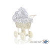 Ivory Wicker Doll Pram Stroller Retro Style White with Black Dots Bedding Set