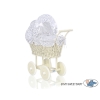 Ivory Wicker Doll Pram Stroller Retro Style White with Navy Blue Dots Bedding Set
