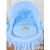 Moses Basket on Wheels - Wicker crib with hood- Bear with bow blue